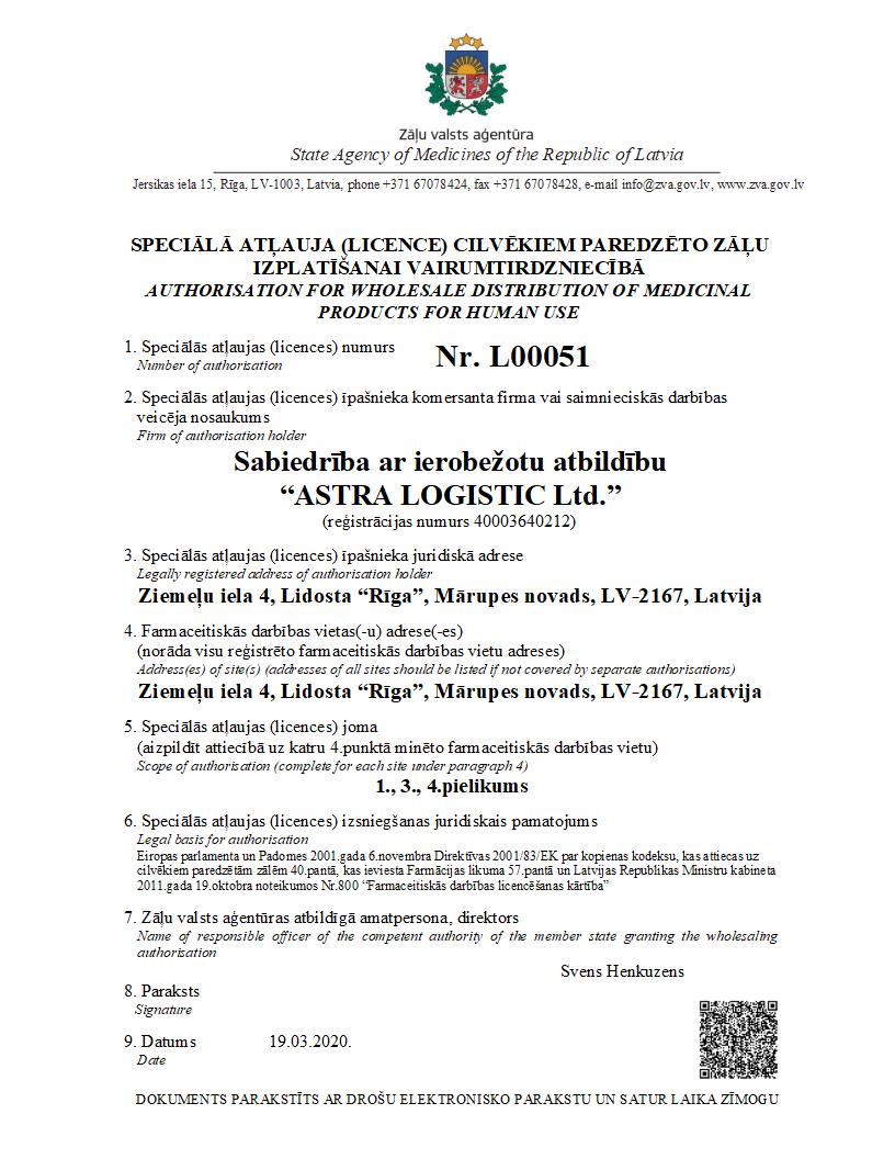 The license for the wholesale distribution of medications
